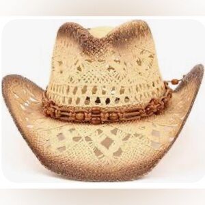 Unisex  Tan cowboy straw  Hat with Bead Accents NWOT
